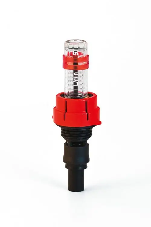 Danfoss Durchflussmesser mit transparentem Zylinder und rotem Gehäuse. Verwendet zur Messung und Anzeige des Flüssigkeitsstroms in Rohrleitungssystemen.
